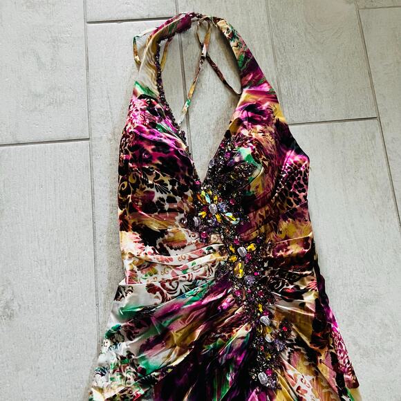 Sean Couture Printed Beaded Halter Dress Size 2 Multicolor - Picture 4 of 7